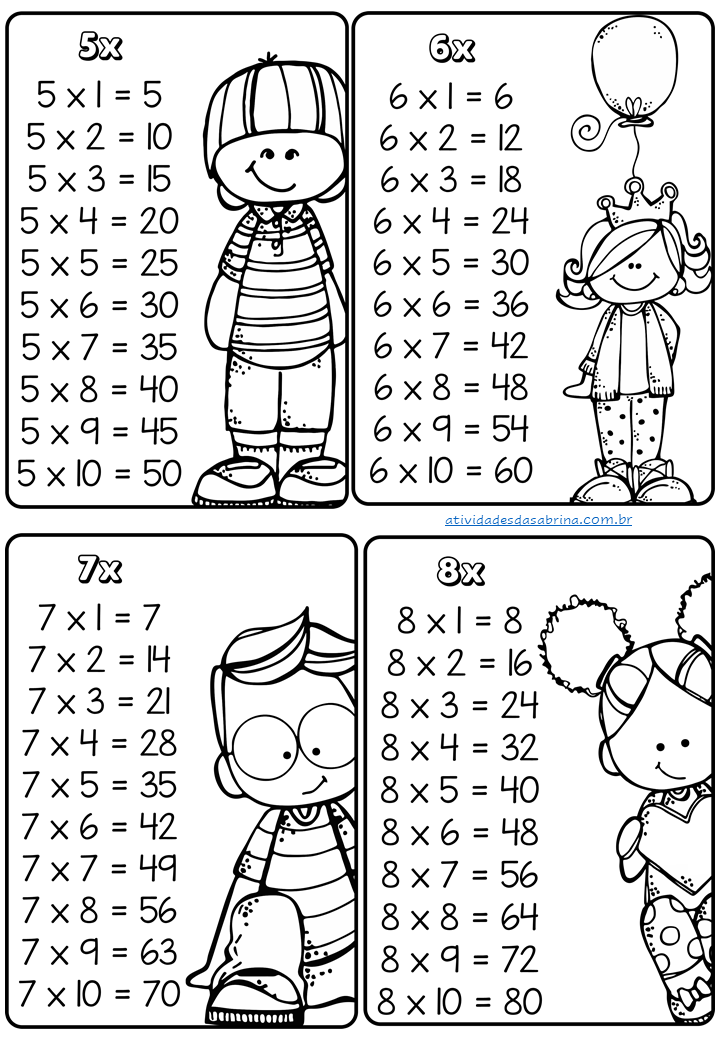 Complete a tabuada de multiplicação do 1 ao 20. Atividade de Matemática  Para Imprimir.