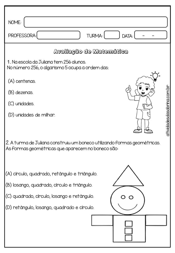 AVALIAÇÃO DE MATEMÁTICA 4º ANO - 3º BIMESTRE - ENSINO FUNDAMENTAL