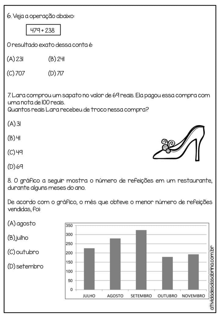 Prova de matematica 4 ano para fazer 1 - Matemática